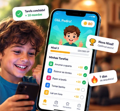 Menino sorrindo com o celular, ao lado da tela do SuperHábitos com as tarefas do dia, moedas e nível